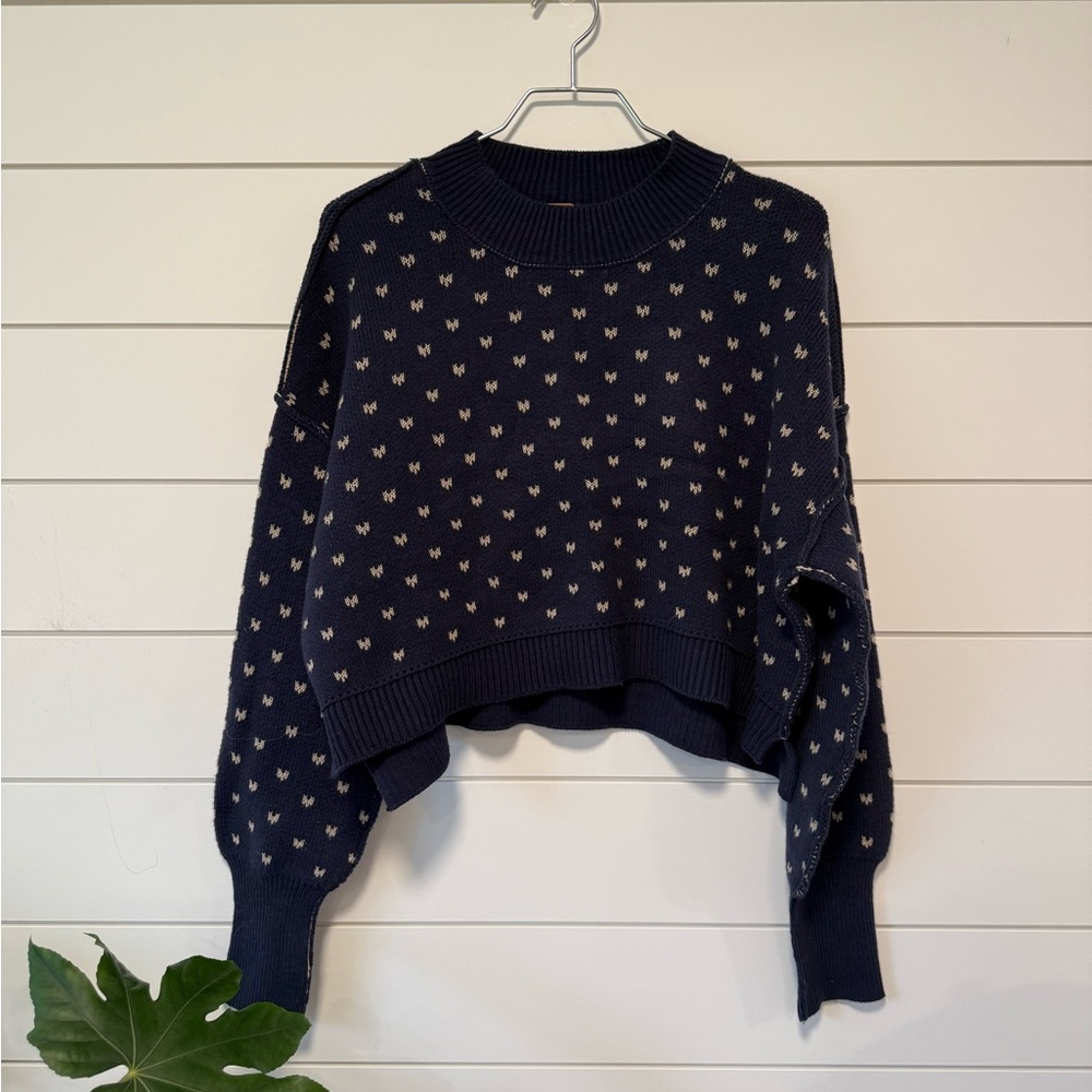 Free People Easy Street Oversize Crop Navy Patterned Women's Sweater Scandi Girl